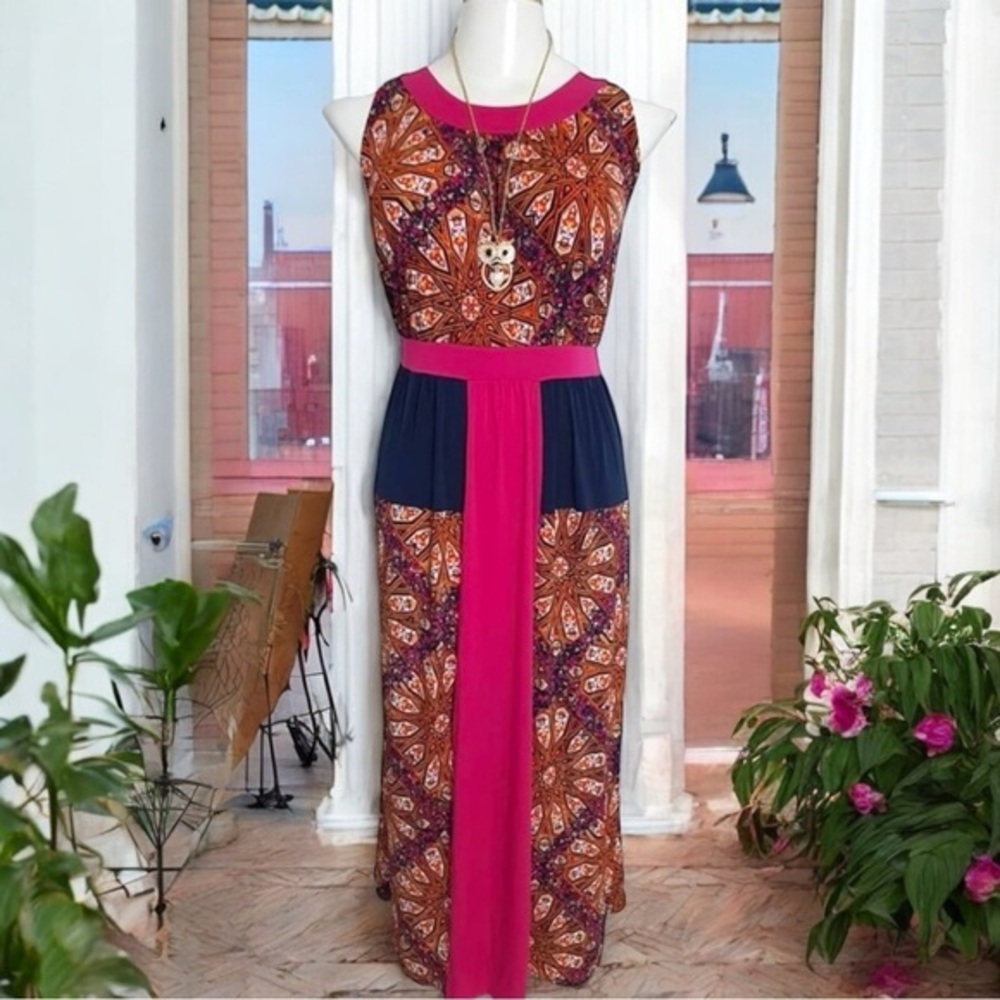 One World Live & Let Live Pink, Navy & Brown Mixed Media Print Maxi Dress